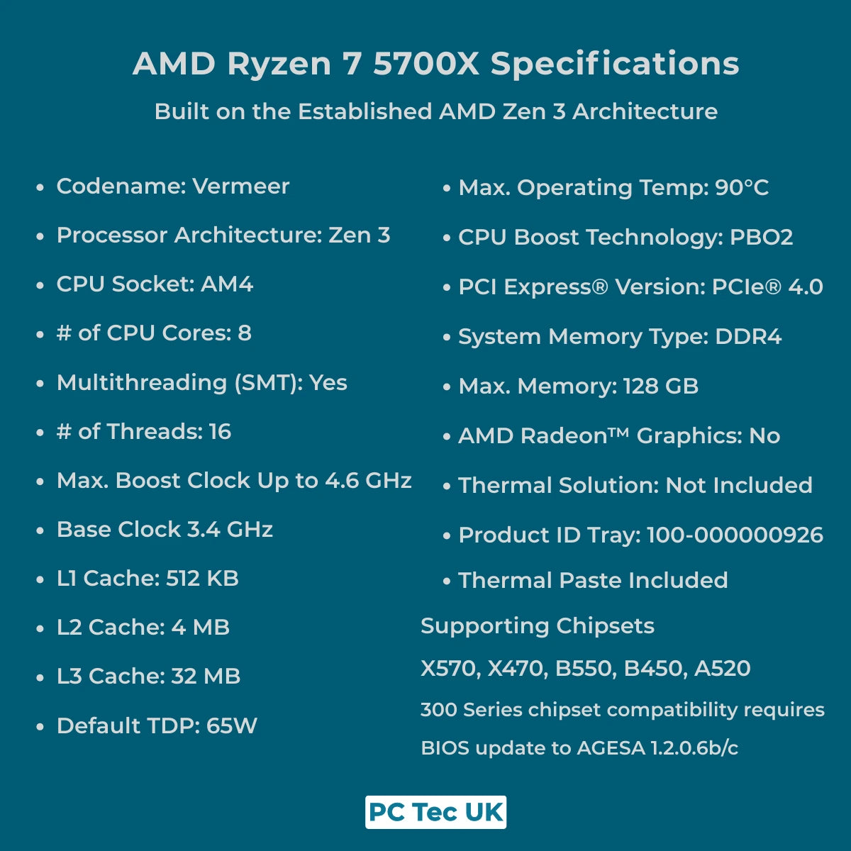 AMD Ryzen 7 5700X 8-Core AM4 OEM Tray CPU/Processor
