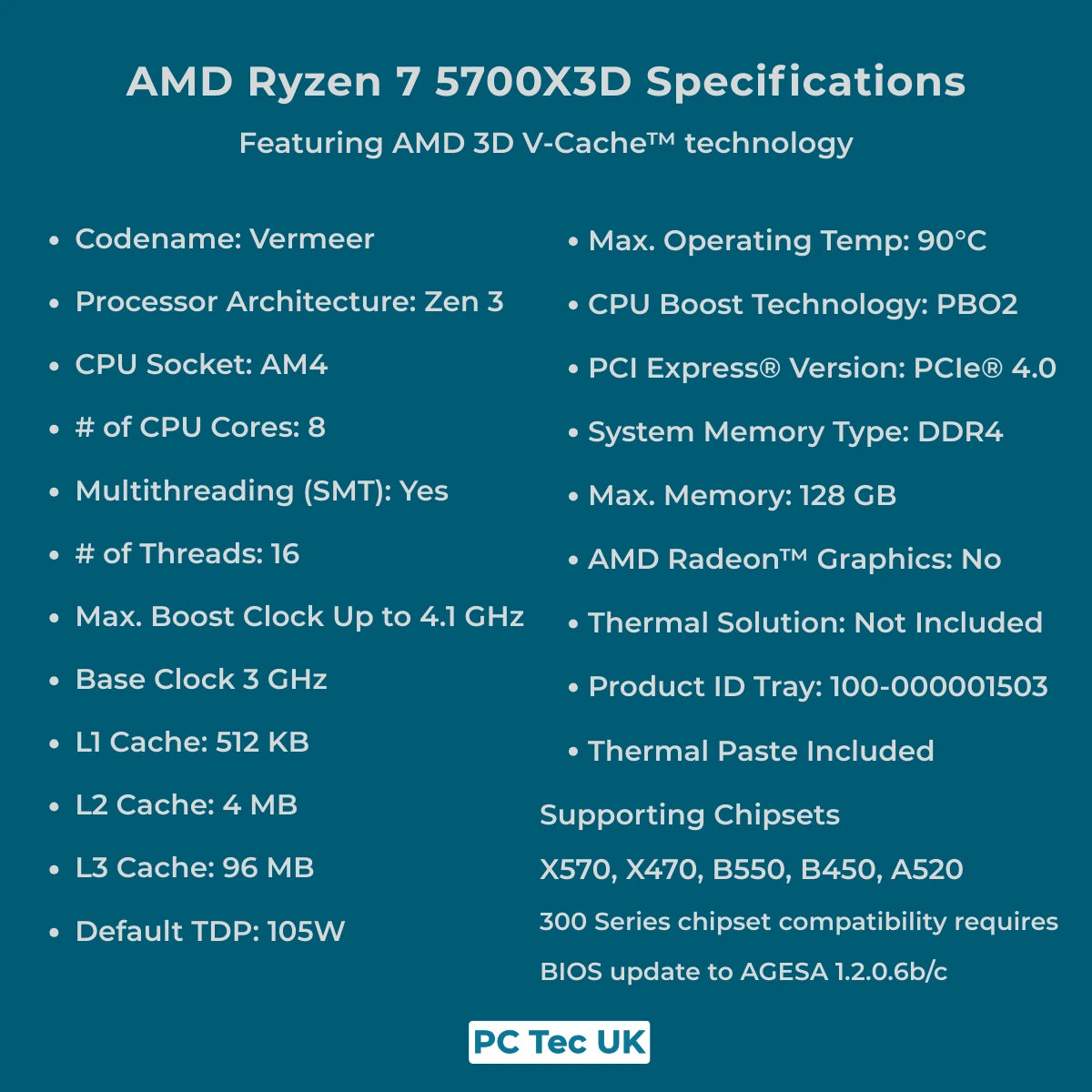 AMD Ryzen 7 5700X3D AM4 OEM Tray CPU/Processor